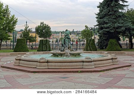 Budapest, Hungary - July 13, 2015: Fountain With Sculpture At Vigado Park In Budapest, Hungary.