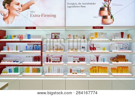 DUSSELDORF, GERMANY - CIRCA SEPTEMBER, 2018: cosmetics on display at Galeria Kaufhof in Dusseldorf.