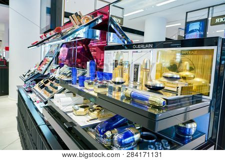 DUSSELDORF, GERMANY - CIRCA SEPTEMBER, 2018: cosmetics on display at Galeria Kaufhof in Dusseldorf.