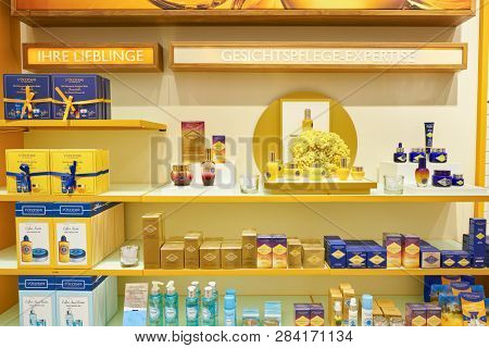 DUSSELDORF, GERMANY - CIRCA SEPTEMBER, 2018: cosmetics on display at Galeria Kaufhof in Dusseldorf.