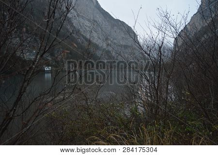 Beautiful Plandescum Reservoir On A Rainy Day In Plan Village. Travel, Landscapes, Nature. December 