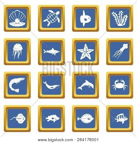 Sea Animals Icons Set In Blue Color Isolated Illustration For Web And Any Design