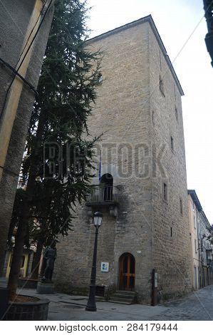 Main Facade Of Clock Tower In Jaca Old Jail In Jaca. Travel, Landscapes, Nature, Architecture. Decem