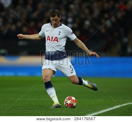LONDON, ENGLAND - FEBRUARY 13 2019: Jan Vertonghen of Tottenham during the Champions League match between Tottenham Hotspur and Borussia Dortmund at Wembley Stadium, London.