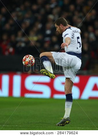 LONDON, ENGLAND - FEBRUARY 13 2019: Jan Vertonghen of Tottenham during the Champions League match between Tottenham Hotspur and Borussia Dortmund at Wembley Stadium, London.