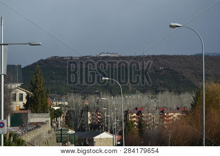 Majestic Oroel Pain View From The Center Of The Jaca Village. Travel, Landscapes, Nature, Architectu