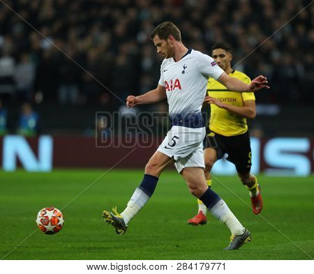LONDON, ENGLAND - FEBRUARY 13 2019: Jan Vertonghen of Tottenham during the Champions League match between Tottenham Hotspur and Borussia Dortmund at Wembley Stadium, London.