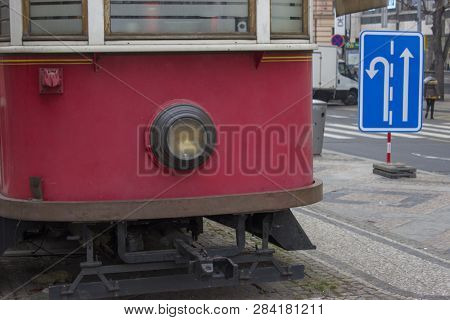 Old Red Tram Traffic Sign Commands Direction Street