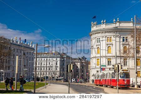 Vienna, Austria - April, 2018: Rennweg Street And The Beautiful Building Of The House Of Industry In