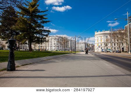 Vienna, Austria - April, 2018: Rennweg Street And The Beautiful Building Of The House Of Industry In