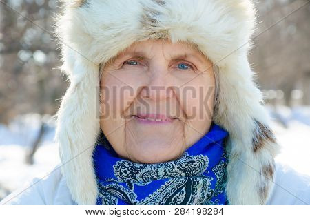 Portrait Of Happy, Smile Grandmother. Old Person Looking To Camera. Caucasian Female Senior At Cold 