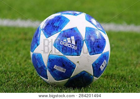 Kyiv, Ukraine - August 28, 2018: Official Uefa Champions League 2018/19 Season Match Ball On The Gra
