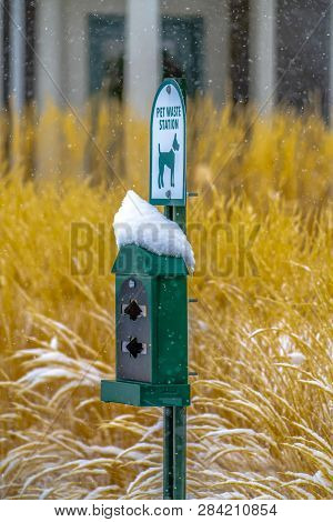 Snowy Topped Pet Waste Station In Daybreak Utah