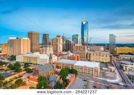 Oklahoma City, Oklahoma, USA downtown skyline at twilight. 
