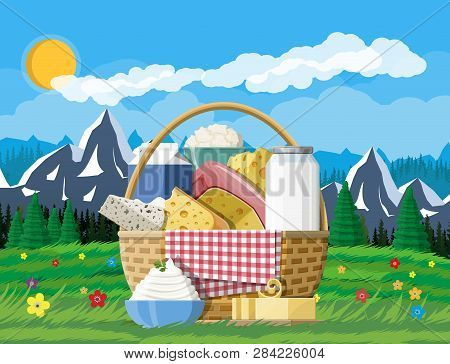 Dairy Products Set In Basket. Collection Of Milk Food. Milk, Cheese, Butter, Sour Cream, Cottage, Cr