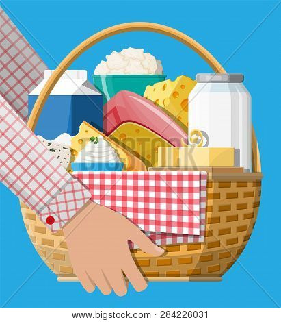 Milk Products Set In Wicker Basket With Cheese, Cottage And Butter. Dairy Food. Tradicional Fresh Fa