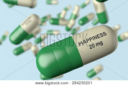 3D Illustration Antidepressant With Word Happiness Pill Close Up