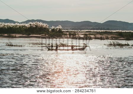 Burmese Fishing Boat On The River In Mingun,mandalay, Myanmar (burma)
