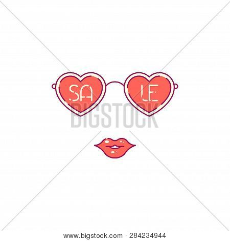 Sale Banner Design. Heart Shaped Sun Glasses With Female Lips. Flat Style Line Art Illustration.