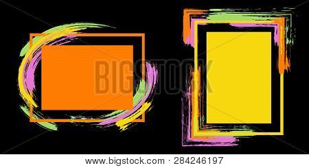 Hipster Frames With Paint Brush Strokes Vector Set. Box Borders With Painted Brushstrokes On Black. 