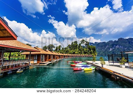 Floating Bungalows With Kayaks At Khao Sok National Park, Cheow Lan Lake, Surat Thani, Thailand
