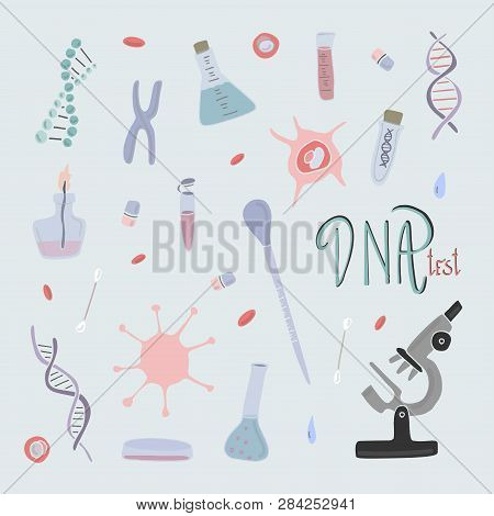 Hand Drawn Vector Objects Set. Nano Technology And Human Dna Research