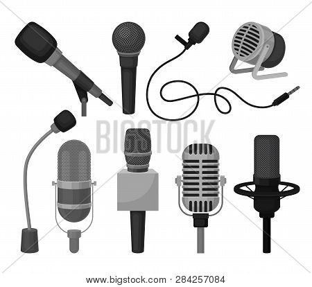 Flat Vector Set Of Different Microphones. Professional Sound Recording Equipment. Dynamic And Conden