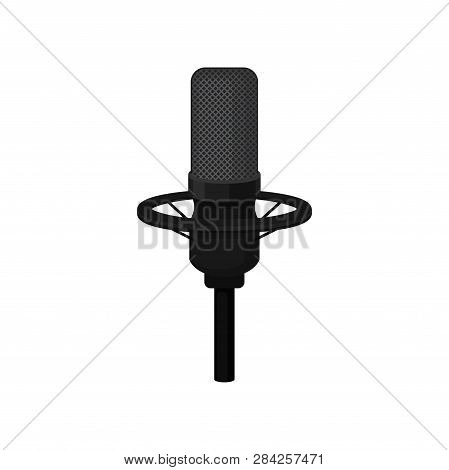 Flat Vector Icon Of Black Condenser Microphone On Stand. Mic For Recording Voice. Equipment For Radi
