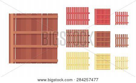 Fence Wooden Barrier Set, Home And Land Protection Element. Decoration Boundary For Street Or Neighb