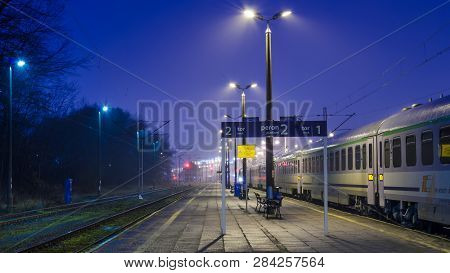 Swinoujscie, West Pomeranian / Poland - 2019: Express Train At The Platform At The Railway Station