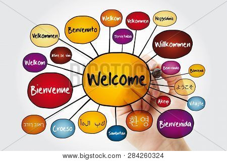 Welcome In Different Languages Mind Map With Marker, Education Business Concept For Presentations An