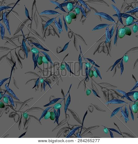Seamless Illustration. Pattern With Olives And Olive Branches.