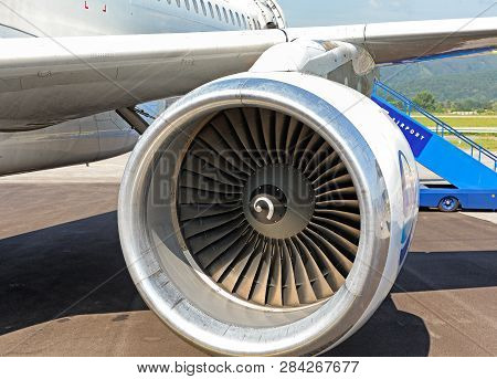 Turbine Of Airplane Engine. Aircraft On Runway