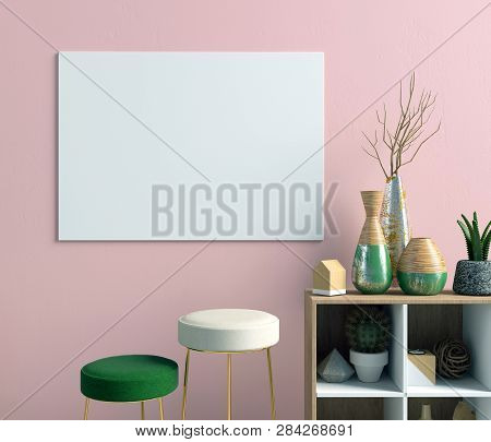 Iinterior Design In Contemporary Style. Mock Up Poster. 3d Illustration.