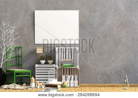 Iinterior Design In Contemporary Style. Mock Up Poster. 3d Illustration.