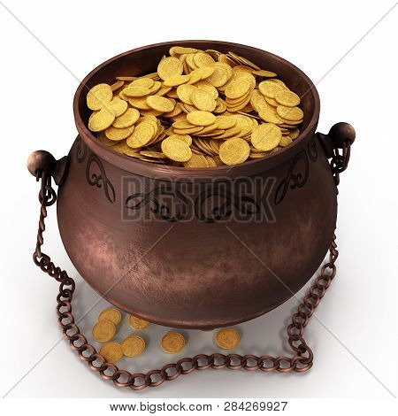 Pot Of Gold Isolated On White Background. 3d Illustration