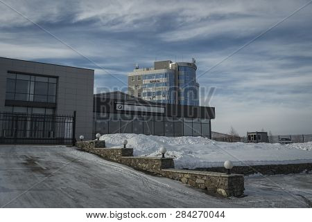 Kazakhstan, Ust-kamenogorsk, January 20, 2019: Bmw Dealership And Other Commercial Buildings. Busine