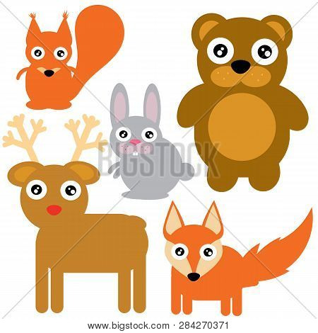 Set Of Cute Illustration Of Woodland Animals Isolated On White Background. Animals For Design Poster