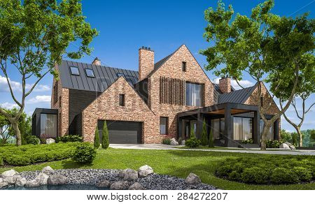3D Rendering Of Modern Clinker House On The Ponds With Pool