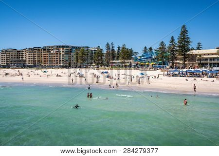 31st December 2018 , Glenelg Adelaide South Australia : View Of Glenelg Beach Full Of People In Adel