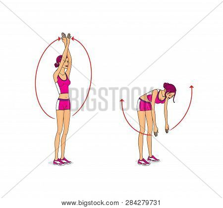 Girl Is Training. Dynamic Training For The Mobility Of The Joints Of The Arms And Shoulders