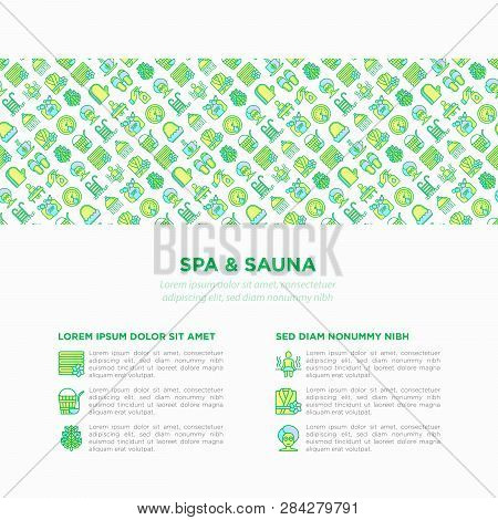 Spa, Sauna Concept With Thin Line Icons: Massage Oil, Towels, Steam Room, Shower, Soap, Pail And Lad