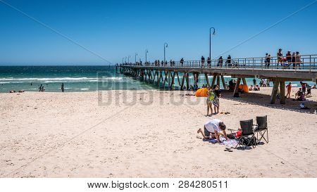 31st December 2018 , Glenelg Adelaide South Australia : Glenelg Jetty And Beach View With People On 