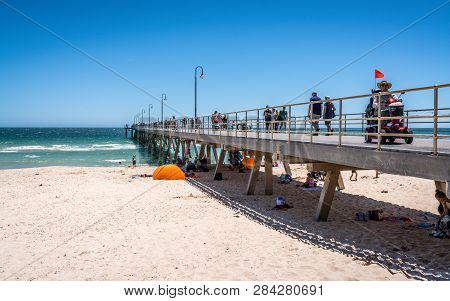 31st December 2018 , Glenelg Adelaide South Australia : Glenelg Jetty And Beach View With People On 