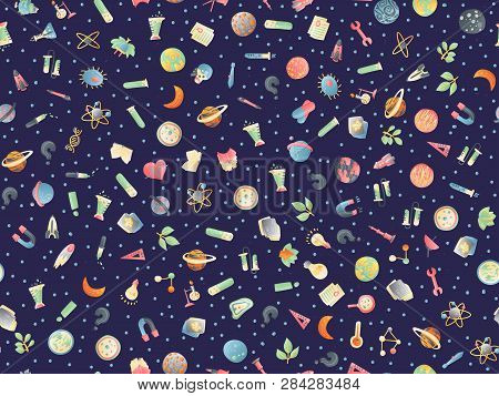 Cute Cartoon Back To School And College Fun Seamless Pattern With Colored School Supplies. Science T