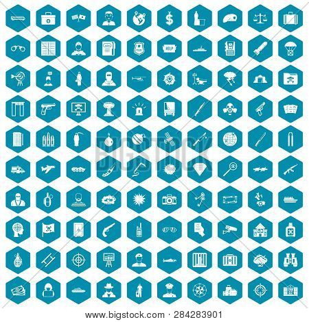 100 Antiterrorism Icons Set In Sapphirine Hexagon Isolated Illustration
