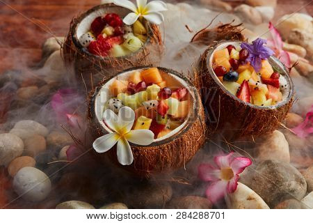Hawaian fruit salad, coconut with fruitsalad