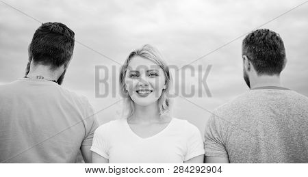 How To Pick Better Boyfriend. Girl Stand In Front Two Faceless Men. Girl Thinking Whom She Going Ask