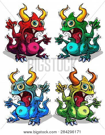 Cartoon Funny Crazy Green Stinky Monster With Horns And Canines. On Violet Background. Halloween Vec
