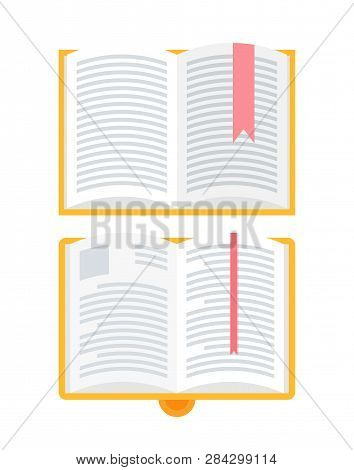 Notebook With Bookmarks Set Of Isolated Icons Vector. Textbook With Information And Text For Student